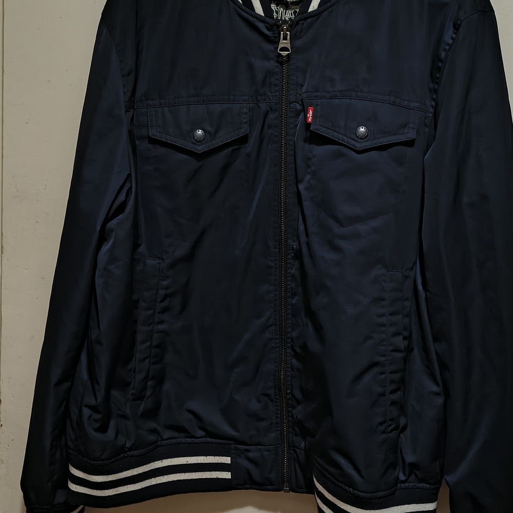 Levi's Dark Blue Bomber Jacket with Striped Accents